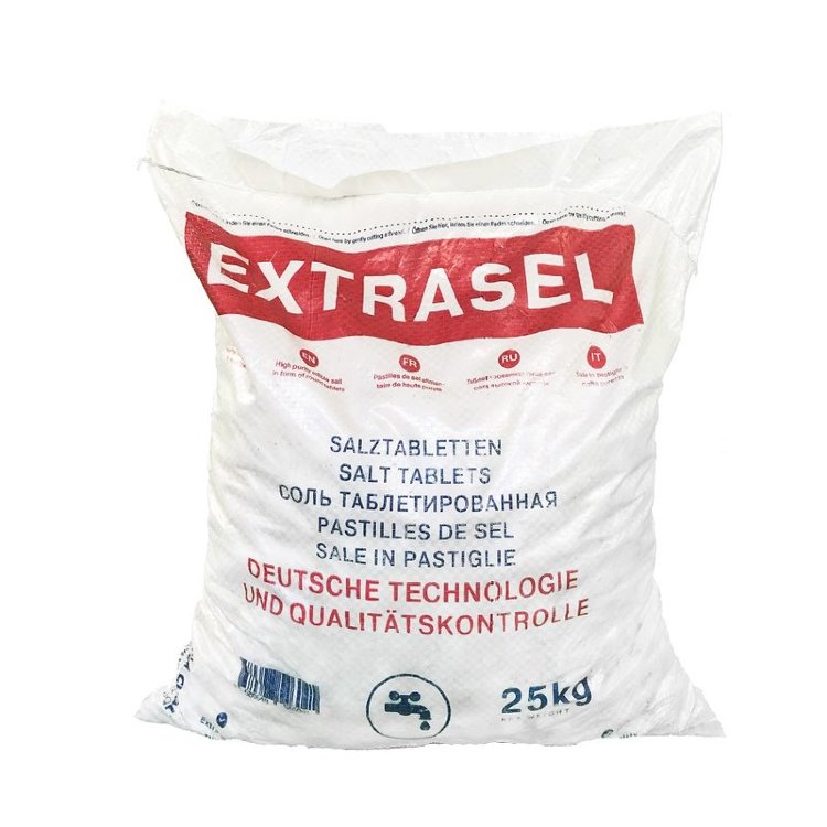 Таблетированная соль Extrasel 25 кг. Наименование: Пищевая поваренная таблетированная соль экстра  ТМ "EXTRASEL".   
Назначение: Пищевая промышленность, химическая промышленность, водоподготовка.
Вес мешка: 25 кг.